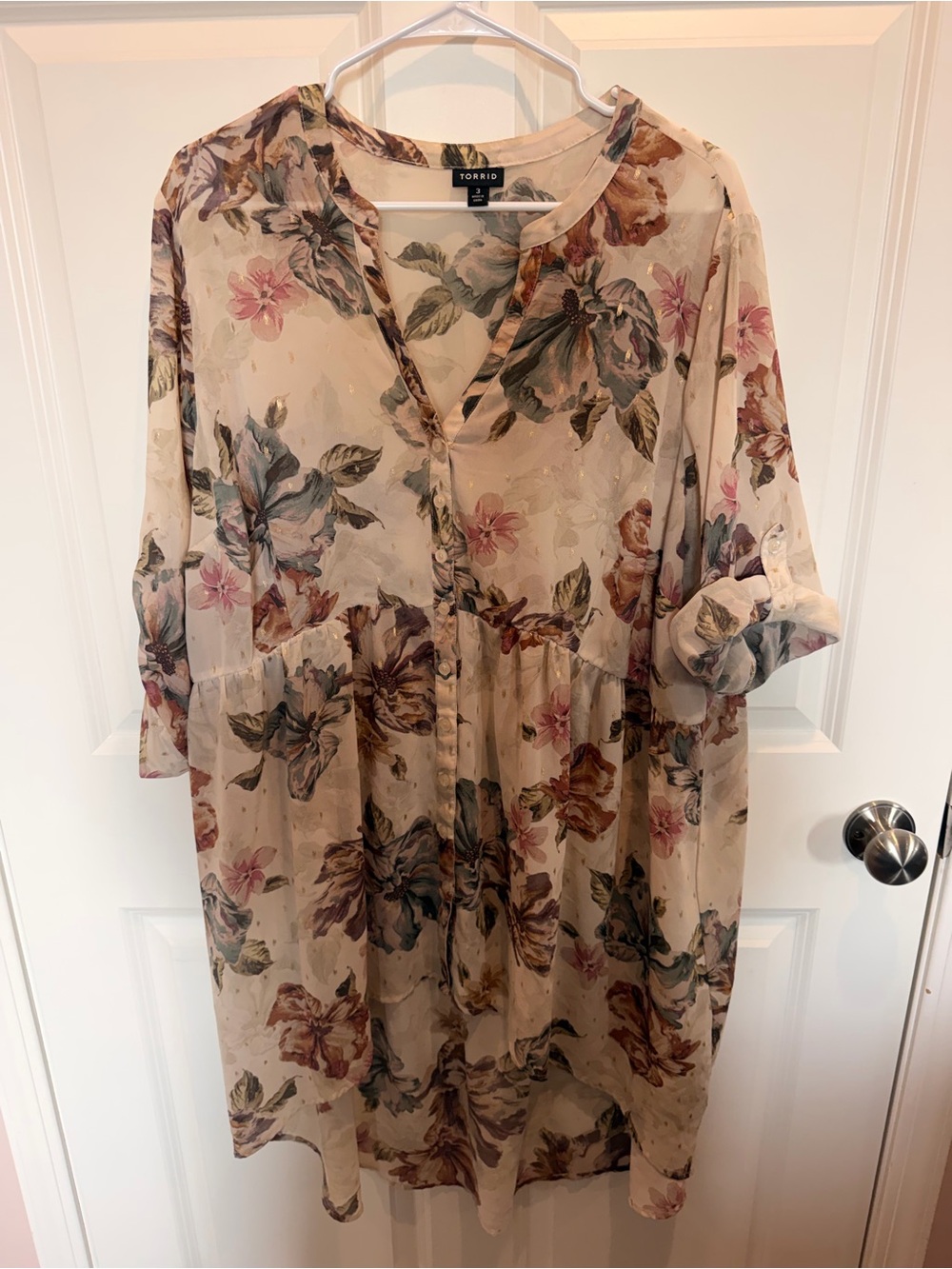 Torrid Tan Floral Babydoll Blouse Size 3